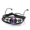 Bracelets porte-bonheur DoreenBeads Série Constellations Bracelet 12 Signes du Zodiaque Bouton Noir Tissé Cuir Verre Dôme Bijoux Hommes Accessoires