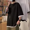 T-shirt da uomo Magliette da uomo Maniche a tre quarti Patch Design Fake Twopieces Harajuku Ins Leisure Loose Mens Top Street Wear Tees Ulzzang BF Z0522
