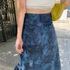 Skirts Rimocy 2023 Tie Dye Denim Skirt Women Punk Gothic Split High Waist Woman Streetwear Y2K A-Line Long Female