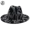 Cappelli a tesa larga FS Unisex Feltro di lana Jazz Fedora per uomo Donna Inverno Cow Print Trilby Flat Panama Party Cappello da cowboy formale White1