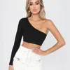 Dames t-shirt cdjlfh sexy één schouder crop top t shirt vrouwen diagonale kraag lange mouw t-shirt slanke fit casual elementaire witte bodycon tees tops 230522