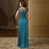 teal blue Lace Mother of the Bride Dresses with Beaded V Neck Floor Length Chiffon mother Formal Evening Gowns