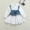 의류 세트 패션 어린이 아기 여자 옷 단색 긴 소매 셔츠 드레스 드레스 데님 구슬 조끼 2pcs 의상 230523