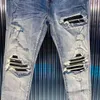 Designer Clothing Amires Jeans Denim Pants Amies Washed Damaged Brushed with Silver Coating Black Combination Leather Blue Jeans Slim Fit Distressed Ripped Skinny