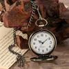 Pocket Watches Vintage Red Wood Dekorerad halvbrons kvartsklocka Fob Chain Pendant Clock Timepiece Gift Män