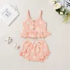 Kleidung Sets Sommer geboren Baby Mädchen Blume Gedruckt 2 stücke Kleidung Set Ärmellose Baumwolle Leinen Rüschen Topse Shorts Säuglings anzug 230522