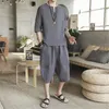 Męskie dresy Yasuguoji Summer Casual Halfsleeve Vneck Pullover z kolanami Pants 2 -częściowy Zestaw Mężczyźni luźne szorty męskie romper 230522