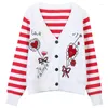 Women's Knits Cute Red Cardigan Femme 2023 Spring Korean Fashion Sweater Coat Women V Neck Floral Emboidery Striped Knit Streetwear