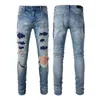 Roupas de grife Jeans Amires Calça jeans Amies Jeans envelhecido 6563 High Street Brand Trendy Jeans azul envelhecido com detalhes em diamante Legging elástica slim fit