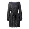 Robes décontractées femmes à lacets paillettes fête robe de soirée à manches longues avec ceinture brillant élégant mode femme Vestidos