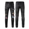 Designer Clothing Amires Jeans Denim Pants Trend Amies Fashion Mens Wear Worn Folded Contrast Jeans with Hole Patches Black Slim Fit Beggar Pants Distressed Ripped S