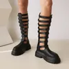 Sandals Ippeum Women Platform Gladiator Black Punk Dress Shoes Summer Hollow Belt Gothic Knee High Boots