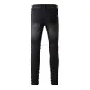 Ropa de diseñador Amires Jeans Pantalones de mezclilla Amies 1302 High Street Trendy Perforated Purple Red Fleece Patch Jeans con elástico negro Slim Fit Pies Pantalones para hombres Distr