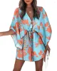 Robes Décontractées Femmes Robe D'été À Manches Courtes Col En V Plage Mini Dame À Lacets Imprimé À Volants Pour