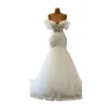2023 Vestidos de noiva simples de sereia cetim de ilusão de ombro de mangas curtas Apliques de renda de cravos vestidos de noiva PLUS TAMANHO DE VESTIDO DEIVA
