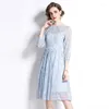 Casual Dresses Fashion Blue Lace Midi Dress Women 2023 Summer Autumn Flower Brodery Prom Vestidos Evening Party Night Wear Quality
