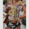 T-shirt Summer V-Neck Fashion Printed Flower Graphic T-Shirt Top 2023 Harajuku Super Large Women's Casual Y2K Clothing P230523