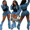 Women's Two Piece Pants Znaiml Denim Two Piece Matching Set for Women Clothing Patchwork Long Sleeve Shirt Top and Shorts Party Jeans Club Rave Outfits 230522