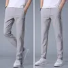 Men's Pants Men Summer Straight Elastic Waist Pockets Ankle Length Commute Slim Fit Ice Silk Trousers Male Clothes