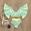 Kläder sätter barnflickor Twopiece Bathing Suit Bikini LemonstarfishStripe Baggy Sleeve Swim Tops High midjeshorts 230522