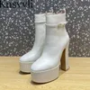 Boots Super High Heels Ankle Boots Women Genuine Leather Buckle Strap Platform Shoes Women Chunky Heels 14.5 CM Short Boots Woman X230523