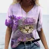 T-shirt Summer Fashion Fashion Cat 3D PRIMAGEM ALGUNIDO CURTO DE MANAGEM CURTO TOP V ROODADES DE MULHERES CASUAL CASUAL CORREIRA T-SHIRT P230523