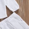 Conjuntos de roupas 05y Roupas de linho de algodão infantil infantil Autumn meninos meninas botão de manga longa calça de toplong Solid 2pcs roupas 230522