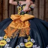 Sun Flower Embroidery princess Quinceanera Dresses Off Shoulder Black Mexican charro prom Sweet 16 Dresses Vestidos De 15 ANos