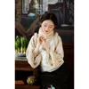 Etnische kleding 2023 In Chinese stijl retro beige blouse brede mouw pluis rand vintage dames winterjas jas elegante dame's hanfu