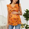 Moderskapstoppar tees mode kvinnor graviditet toppar moderskapskläder ruffle hyl blommor tryckt omvårdnad t-shirt för amning plus size s-xl ny T230523