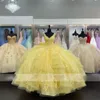 Charro Yellow Quinceanera Платья с V-образным вырезом и кружевной аппликацией Сладкие 15 платьев с оборками Ярусное бальное платье Junior Birthday Party Dress