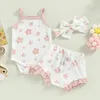 Kläder sätter sommar småbarn födda flickor kläder våffla blommor tryck ärmlösa bodysuitsruffes dragstring shortsheadband 230522