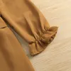 Fille robes mode filles robe 2-7Y automne marron couleur unie à manches longues pour hors de l'épaule grand ourlet jupe ceinture