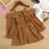 Fille robes mode filles robe 2-7Y automne marron couleur unie à manches longues pour hors de l'épaule grand ourlet jupe ceinture