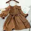 Fille robes mode filles robe 2-7Y automne marron couleur unie à manches longues pour hors de l'épaule grand ourlet jupe ceinture