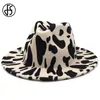 Wide Brim Hats FS Unisex Wool Felt Jazz Fedora For Men Women Winter Cow Print Trilby Flat Panama Party Formal Cowboy Hat White1