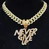 Pendant Necklaces Men Women Hip Hop NEVER GIVE UP Pendant Necklace 13mm Crystal Cuban Chain HipHop Iced Out Bling Necklaces Fashion Charm Jewelry 230522