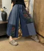 Dżinsowe dżinsy Lady szerokie nogi spodnie dżinsowe luźne spodnie 2023 Summer drukujący kwiatowy patchwork elastyczna talia retro swobodna kobieta