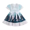 Meisjesjurken Blue Sweet Lolita Lace Bow Print Victoriaanse kleding Japan Children's Girl Princess Dress 3-14y G220523