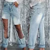 Kvinnor rippade jeans vintage ihåliga hålkedja raka jeans hösten hög midja lös denim långa byxor casual streetwear byxor