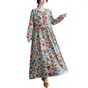 Casual Dresses Cotton Vintage Floral Print Long Sleeve Spring Autumn For Women 2023 Loose Elegant Dress Beach Robe Longue Femme WD32