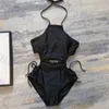 Noir creux maillots de bain lettre strass Bikini pour femmes mode licou maillot de bain une pièce maillot de bain