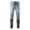 디자이너 의류 Amires Jeans 데님 바지 Amies 23 New 6597 Mens Blue Torn Jeans Graffiti Spray Paint Gradient Slim Pants for Men Distressed Ripped Skinny Motocycle