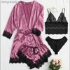 Women's Sleepwear Woman Sleepwear 4pcs Floral Lace Trim Satin Pajamas Set with Robe Sexy Faux Silk Pijamas Robe Sets Casual Home Clothes Nightwear T230523