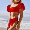 Women's Swimwear Attractive Square Collar Comfy Puff Short Sleeve Bra High Cut Briefs Set Skin-touch Summer Water Activity Clothing