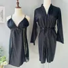 Kvinnors sömnkläder loungewear 2st kimono mantel set kvinnor perspektiv spets nattkläder badrock sexig satin lapptäcke hemklänning klänning