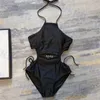 Noir creux maillots de bain lettre strass Bikini pour femmes mode licou maillot de bain une pièce maillot de bain