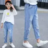 Jeans 2-12y Fashion Boy Hole Cor Borderys Troushers Baby Girls Denim Crianças Crianças Slim Long Pants Bottoms Roupas