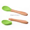 Spoons Sile Portable Tableware Child Food Wooden Handle Coffee Scoop Baby Training Spoon Home Kitchen Tool Drop Delivery Garden Dini Dhtgt