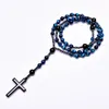Halsband ljusblå tiger eye onyx catholi christ rosenkrans pärla långa halsband för män hematit korshänge halsband meditation smycken